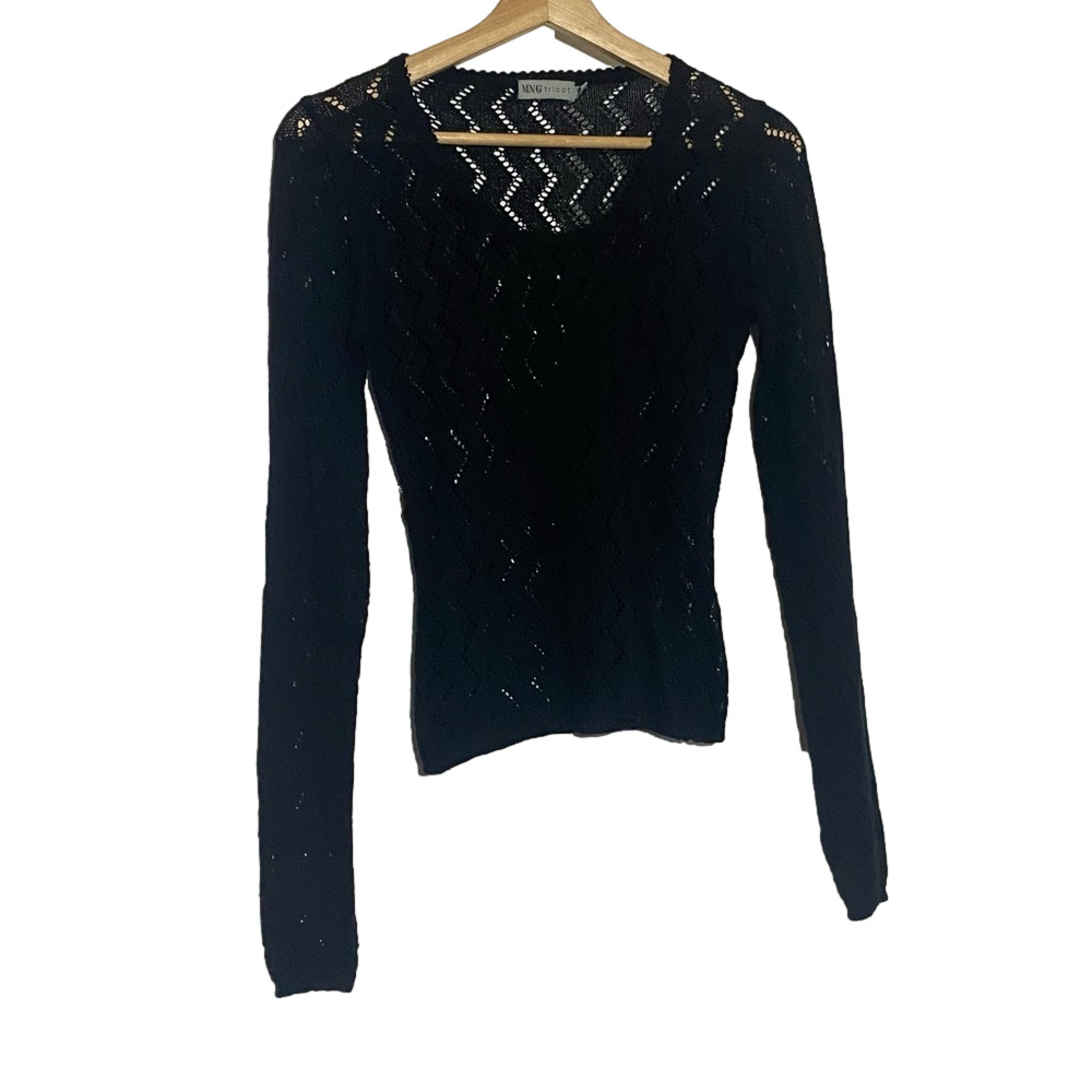 MNG women’s black long sleeve Vneck see through whimsigoth witchy casual tops L